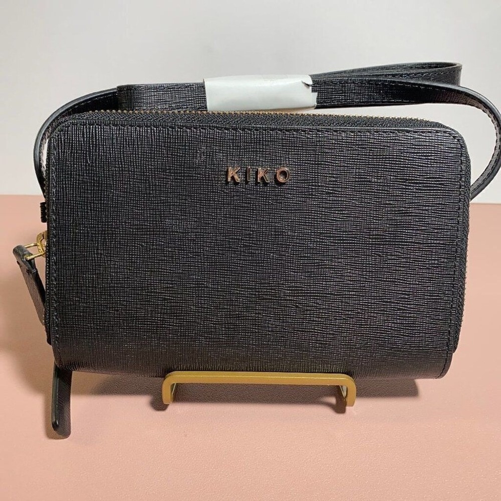 KIKO Crossbody Bag Black Saffiano Texture Gold Logo Zip‎ Around OS